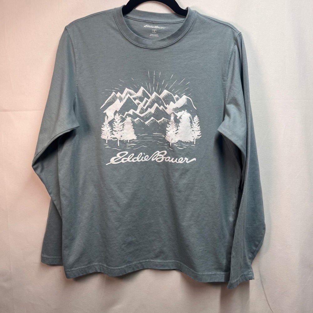 Eddie Bauer Mens Long Sleeve Graphic T Shirt Mountains‎ Trees Gray Small
